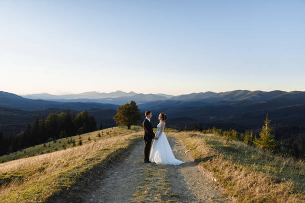 istock Beautiful bride and groom at the mountains 1211714927