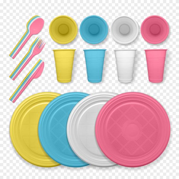 istock Set of realistic yellow, blue, pink and white plastic dishes 1211715250