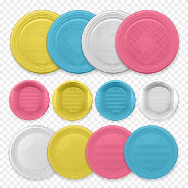 istock Set of realistic yellow, blue, pink and white plastic dishes 1211715316