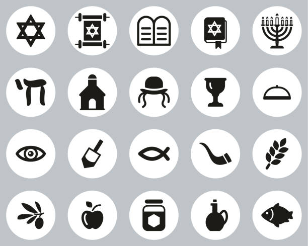 Judaism Religion & Religious Items Icons Black & White Flat Design Circle Set Big This image is a vector illustration and can be scaled to any size without loss of resolution. star of david logo stock illustrations