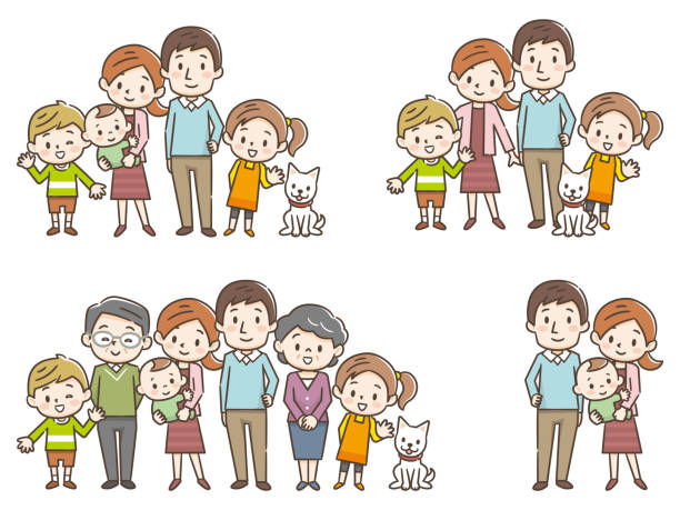 ilustrações, clipart, desenhos animados e ícones de retrato de família de três gerações pais filhos e netos em branco fundo de fundo imagem vetorial ilustração - women full length mature women white background