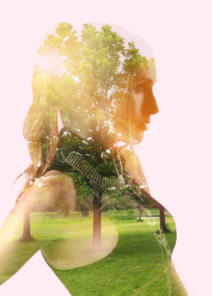 istock Multiple exposure of nostalgid woman and public park 1211720691