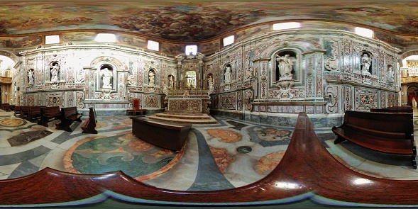 Taranto, Puglia, Italy - November 2, 2019: 360 spherical photo of the large elliptical chapel of the Cathedral of San Cataldo