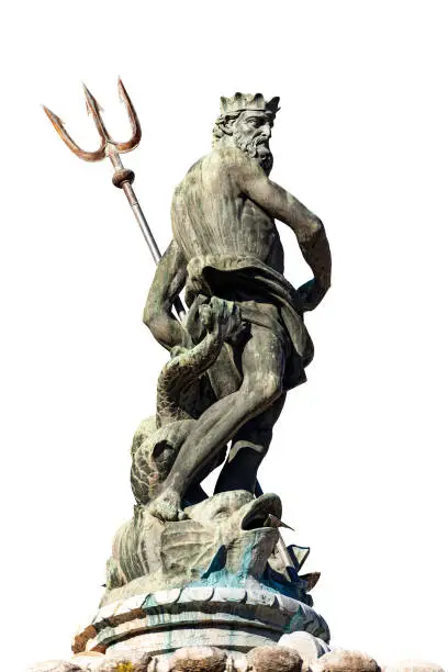 Closeup of the bronze statue of Neptune, Roman God, isolated on white, fountain in Piazza del Duomo (Cathedral square), Trento downtown, Trentino-Alto Adige, Italy, Europe