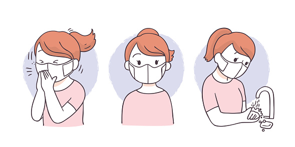 Cartoon Cute Protect Virus People Wearing Face Mask Cough And Wash Hands  Vector Stock Illustration - Download Image Now - iStock