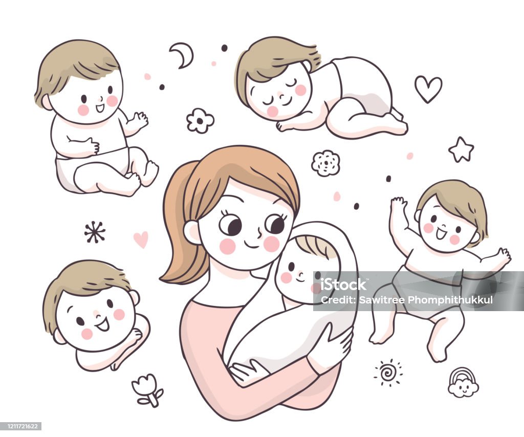 Cartoon Cute Adorable Mother And Baby Doodle Vector Stock ...