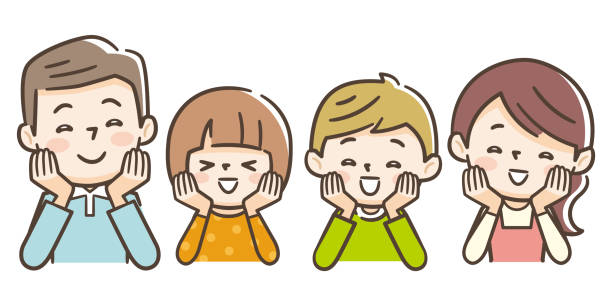あごに手を置いて並んで座っている幸せな家族。 - 日本人　笑顔点のイラスト素材／クリップアート素材／マンガ素材／アイコン素材