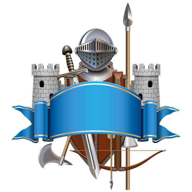 vektor blaues banner mit ritterrüstung - feudalism stock-grafiken, -clipart, -cartoons und -symbole