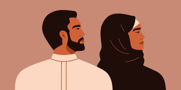 Side view business saudi people in traditional clothing. Side view business saudi people in traditional clothing. Arab handsome man and woman look forward. Vector beautiful traditional indian girl stock illustrations