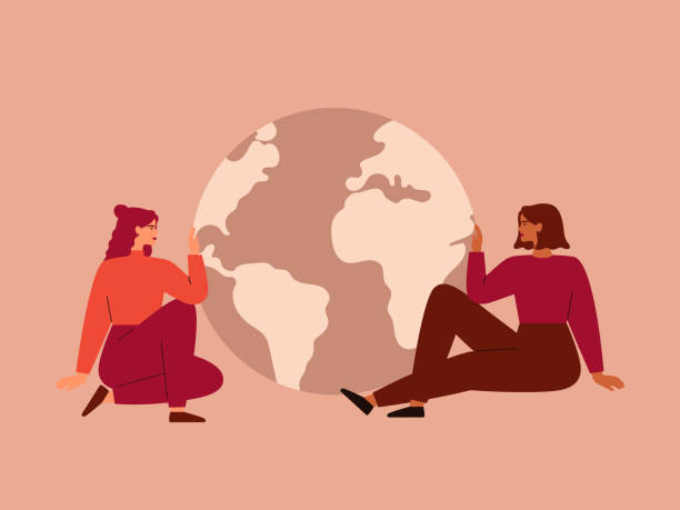 illustrazioni stock, clip art, cartoni animati e icone di tendenza di le donne si siedono vicino al grande globo. le ragazze amichevoli si preoccupano del pianeta terra. - teenager globe women world map