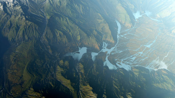 istock Aerial of foggy remote mountain landscape. Computer generated image. 1211730441