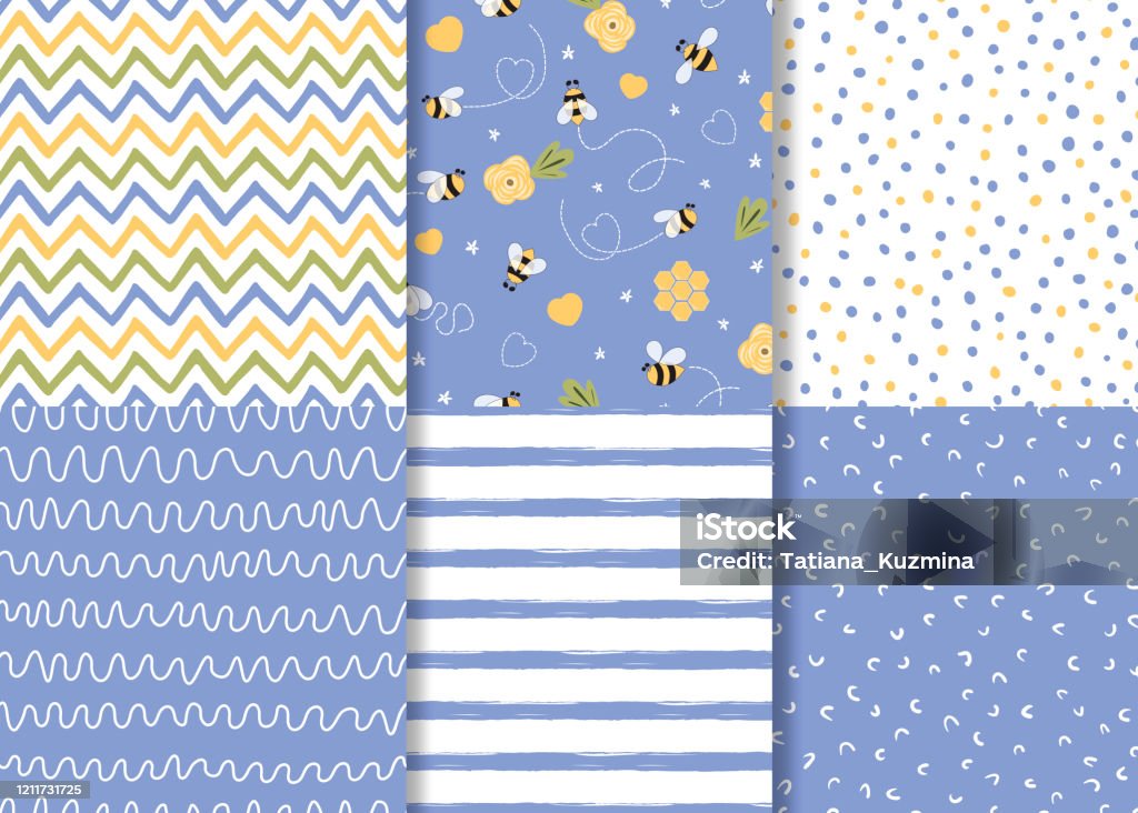 Lilac seamless pattern Cute hand drawn cartoon style. Irregular violet simple background Bee flowers vector Set of simple lilac seamless patterns. Cute hand drawn lines bee floral design Violet background collection Vector illustration Irregular zigzag stroke fabric cloth textile. Wallpaper for baby pyjamas Pattern stock vector