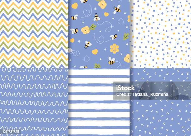 Lilac Seamless Pattern Cute Hand Drawn Cartoon Style Irregular Violet Simple Background Bee Flowers Vector Stock Illustration - Download Image Now