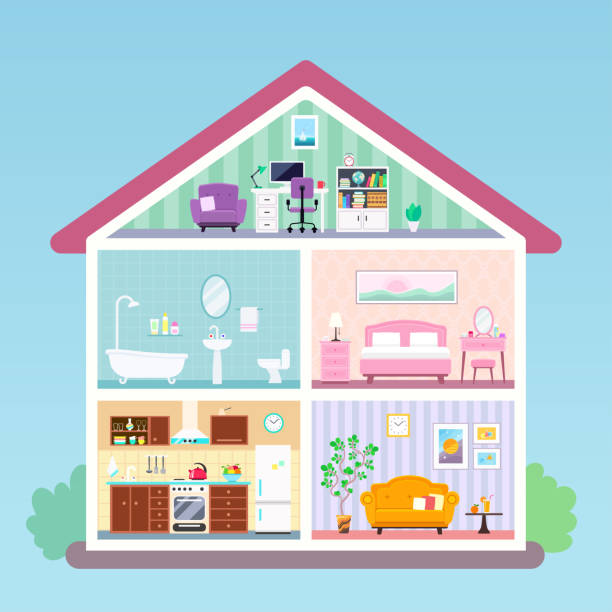 haus innen querschnitt zimmer mit möbeln - loft apartment home interior symbol apartment stock-grafiken, -clipart, -cartoons und -symbole