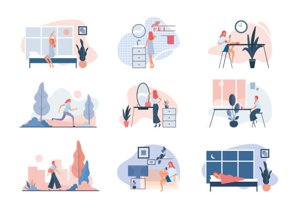 Everyday life of modern woman. Flat vector illustration Everyday life of modern woman. Set of vector illustrations of daily routine of contemporary woman doing ordinary everyday activities from morning till night at home and at work sleeping illustrations stock illustrations
