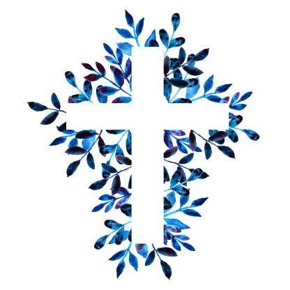 Blue Hand Drawn Floral Watercolor Cross On White Background Religious ...