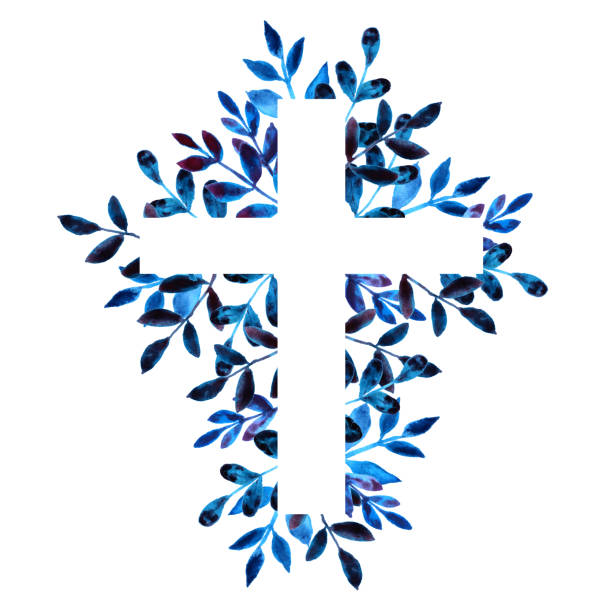 Blue hand drawn floral watercolor cross on white background. Religious foliage illustration for Easter"nChristian, Baptism, and First Communion Designs. Frame. Blue hand-drawn floral watercolor cross on white background. Religious foliage illustration for Easter Christian, Baptism, and First Communion Designs. Frame for your design. bush isolated white background plant stock illustrations