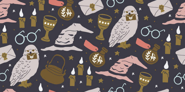 Vector seamless pattern with magician objects Vector seamless pattern with magician objects - witch hat, candles, goblet, potions bottles, eyeglasses, magic letter, stars on dark background. Halloween pattern. Perfect for kids textile, clothing warnock stock illustrations