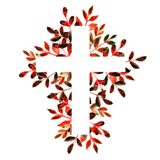 istock Red and black hand-drawn floral watercolor Cross on white background. Religious foliage illustration for Easter, Christian, Baptism, and First Communion Designs. Frame. 1211736710