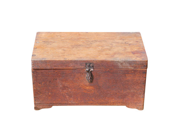 istock Single vintage closed wood chest with rusty lock in  square shape isolated on white background and clipping path 1211736836
