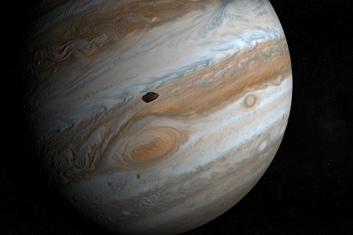 Satellite Amalthea, Jupiter V, orbiting around Jupiter planet. 3d render