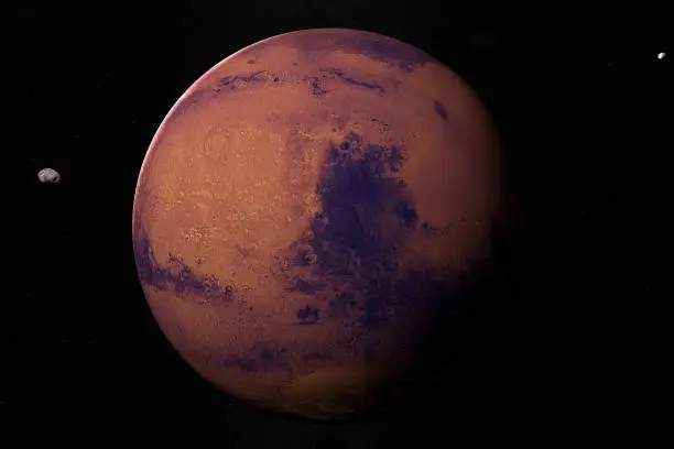 Satellites martians Phobos and Deimos orbiting around Mars planet. 3d render