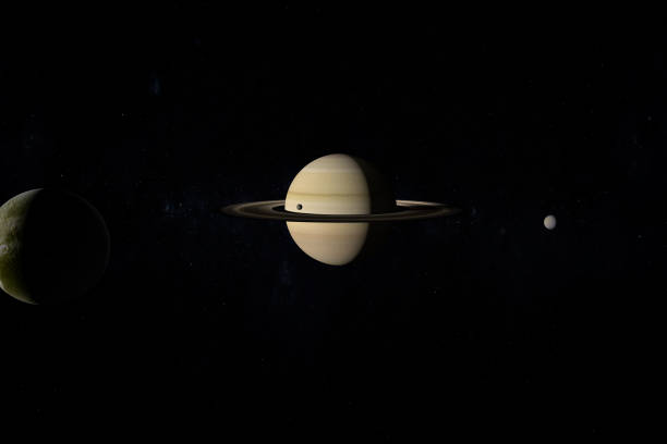 istock Dione, Enceladus and Mimas orbiting around Saturn planet. 3d render 1211739616