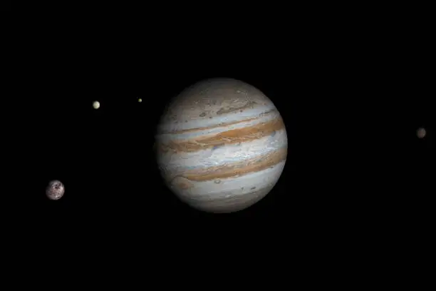 Photo of Jupiter planet and galilean satellites orbiting. 3d render