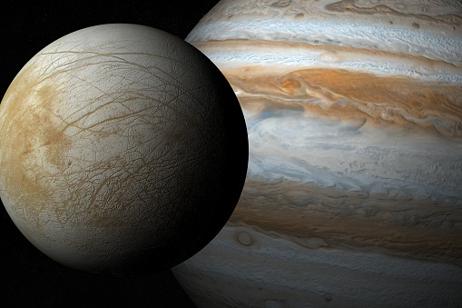 Europa moon and Jupiter planet in the outer space. 3d render