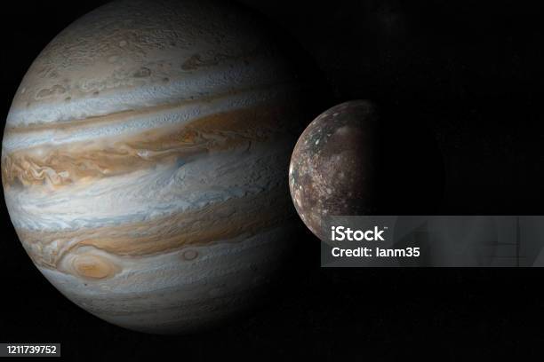 Jupiter Planet And Callisto Moon In The Outer Space 3d Render Stock Photo - Download Image Now