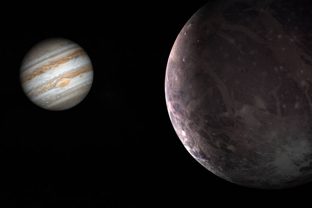 istock Jupiter planet and satellite Ganymede in rotation in the outer space. 3d render 1211739753