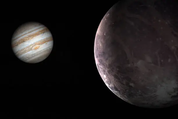 Jupiter planet and satellite Ganymede in rotation in the outer space. 3d render