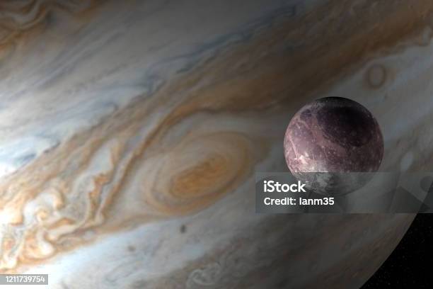 Jupiter Planet And Satellite Ganymede In The Outer Space 3d Render Stock Photo - Download Image Now