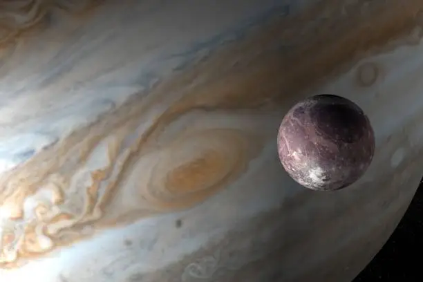 Photo of Jupiter planet and satellite Ganymede in the outer space. 3d render