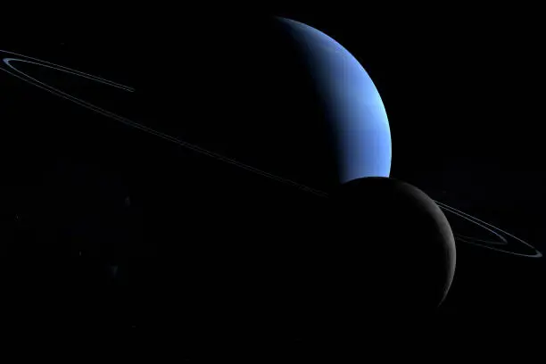 Satellite orbiting around Neptune planet. 3d render