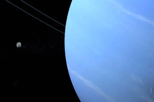 Nereid moon orbiting around Neptune planet. 3d render