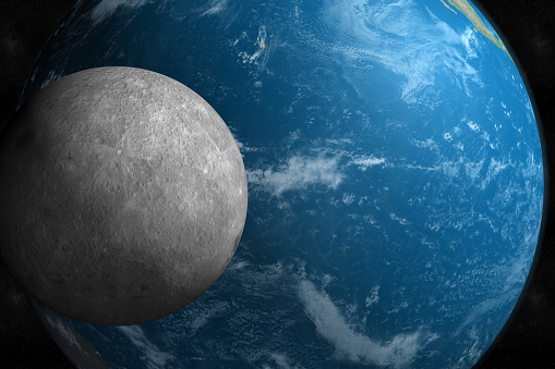 Moon and planet earth orbiting in the outer space. 3d render