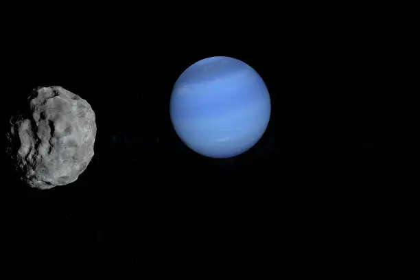 Satellite Nereid orbiting around Neptune planet in the outer space. 3d render