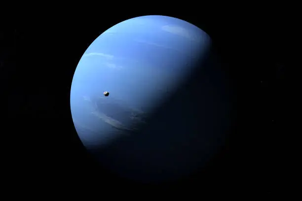 Proteus moon, inner satellite of Neptune planet, orbiting around Neptune planet. 3d render