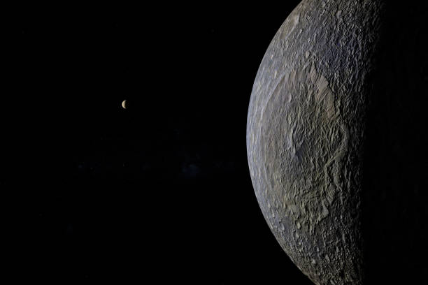 superficie mimas, la luna de saturno, orbitando en el espacio exterior. renderizado 3d - tethys fotografías e imágenes de stock