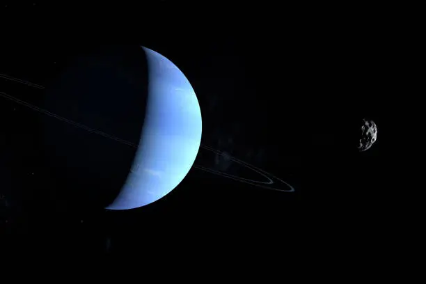 Satellite Nereid orbiting around Neptune planet. 3d render