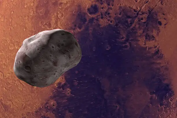 Satellite Phobos, Mars I, orbiting around Mars planet. 3d render