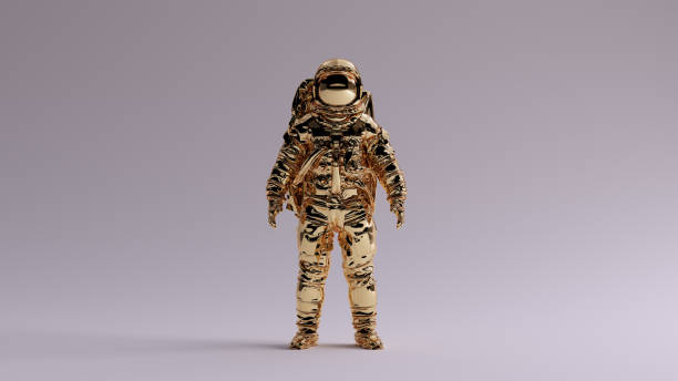 istock Astronaut Gold Spaceman Astronaut Cosmonaut With Light Grey Background with Neutral Diffused Side Lighting Front View 1211740553