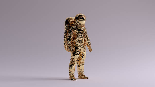 istock Astronaut Gold Spaceman Astronaut Cosmonaut With Light Grey Background with Neutral Diffused Side Lighting 3 Quarter View 1211740555