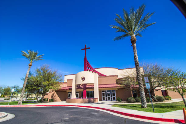 istock Modern Church With Cross & Palm Trees 1211742495