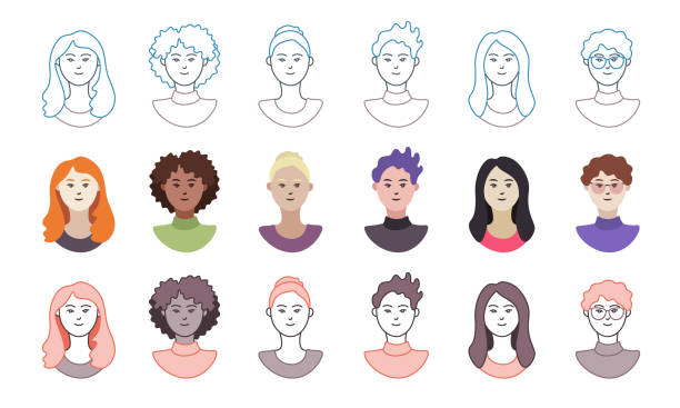 A collection of female avatars with diverse ethnicity Vector illustration in 3 style variations: flat, outlines, outlines with monochrome color. Includes 6 female headshots of different ethnic backgrounds and/or with a different hair style. Each avatar is editable, the components can be mixed and matched to create new combinations. black hair illustrations stock illustrations