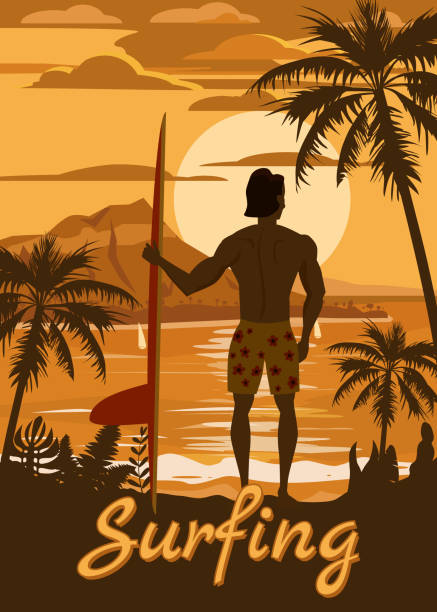 illustrations, cliparts, dessins animés et icônes de surfer restant avec la planche de surf sur la vue arrière de plage tropicale. surf palms thème de l’océan rétro vintage. illustration de vecteur bannière isolée d’affiche de modèle - enfants derrière voiture vacance