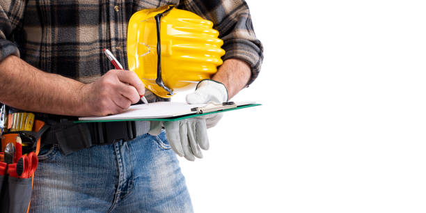 istock Electrician with tool belt on a white background. Electricity. 1211747482