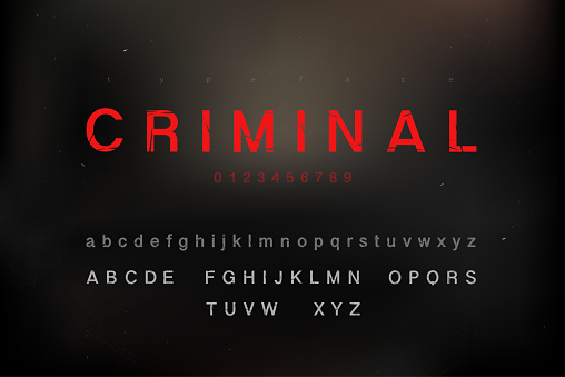 Scratched criminal theme alphabet font set with uppercase lowercase and numbers on dark backround