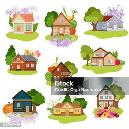 istock Set of different country houses with gardens vector illustration 1211747945